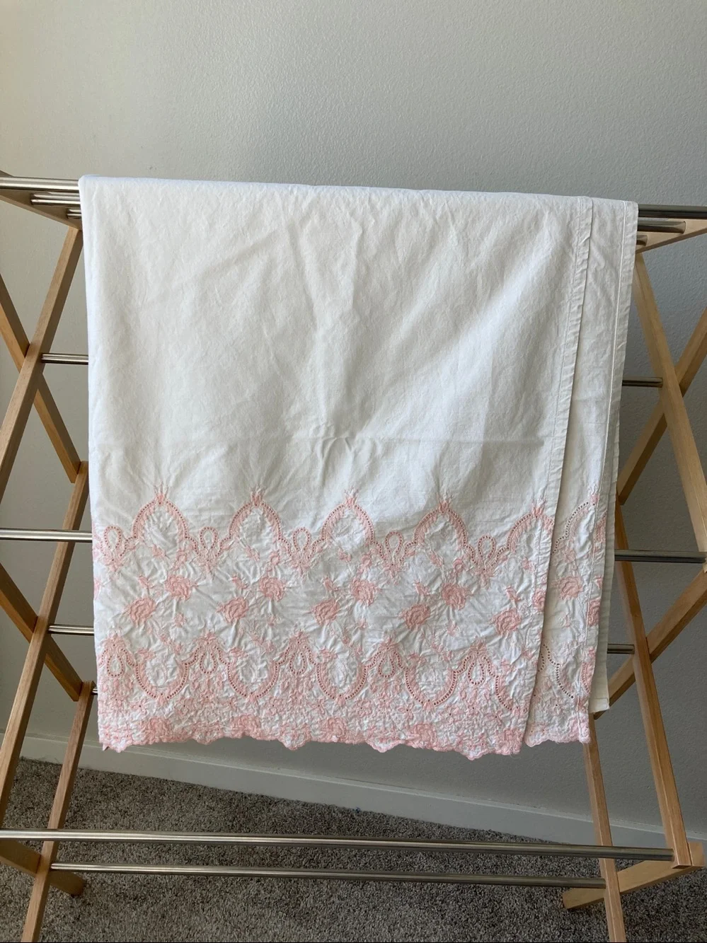 Vintage 90s D. Porthault For Dan Rivers Flat Sheet Scalloped Hem Embroidered